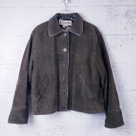 Colebrook & Co. Leather Suede Plaid Sherpa Lined Jacket Green Womens Large - Picture 1 of 13